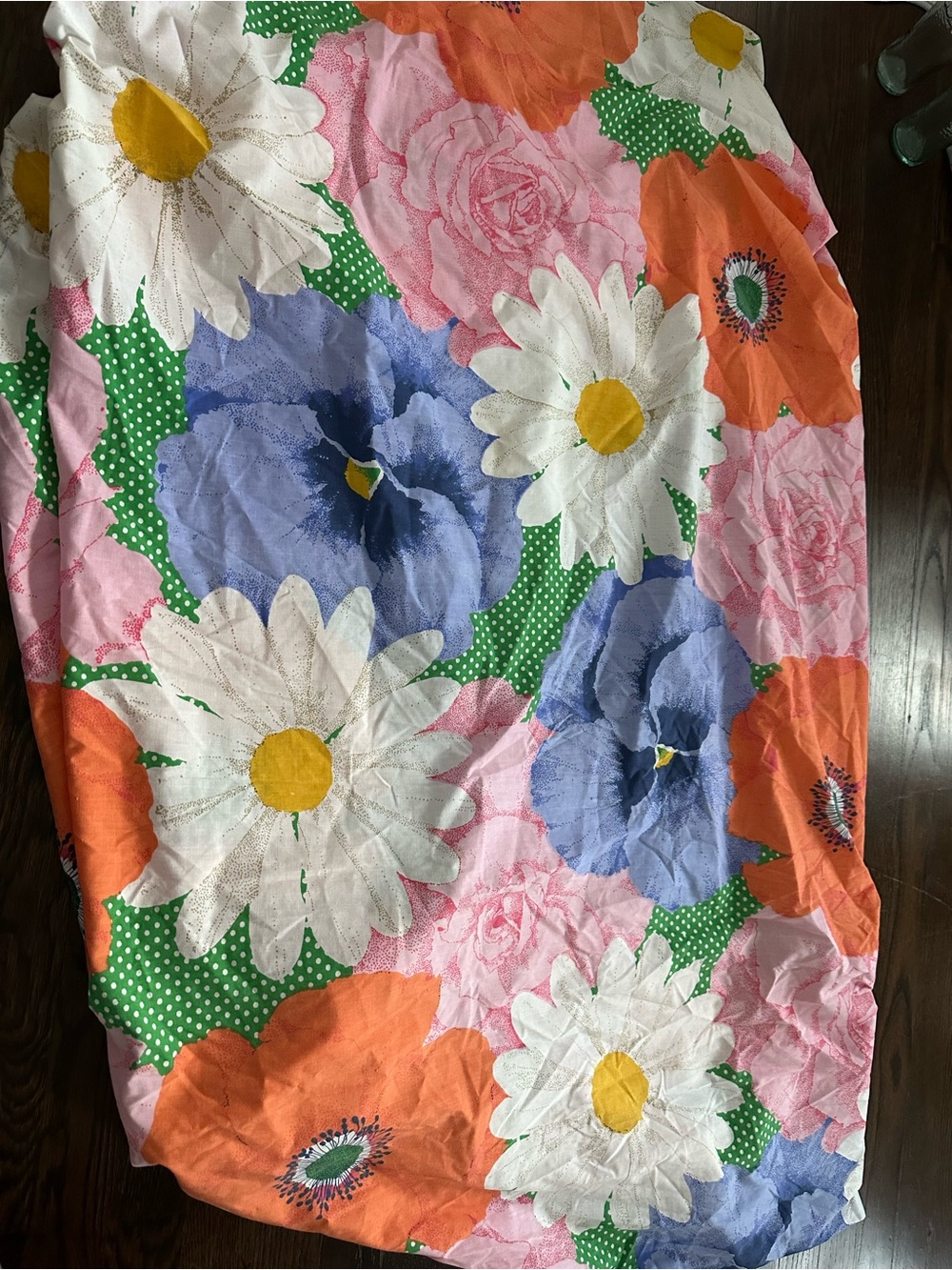 1970s Vintage Floral Bedding Fitted Twin Sheet - White, Blue, Orange & Green